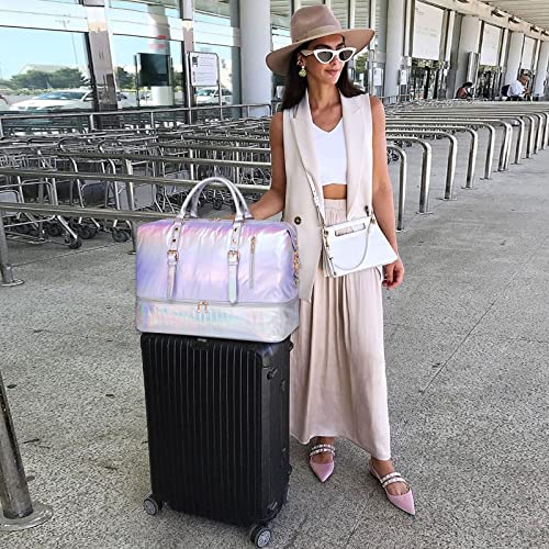 Image of CAMTOP Travel Duffle Bag Women Men Waterproof Shoulder Weekender Overnight Carryon Bag Sports Tote Gym Bag with Shoe Pocket and Trolley Sleeve, Purple
