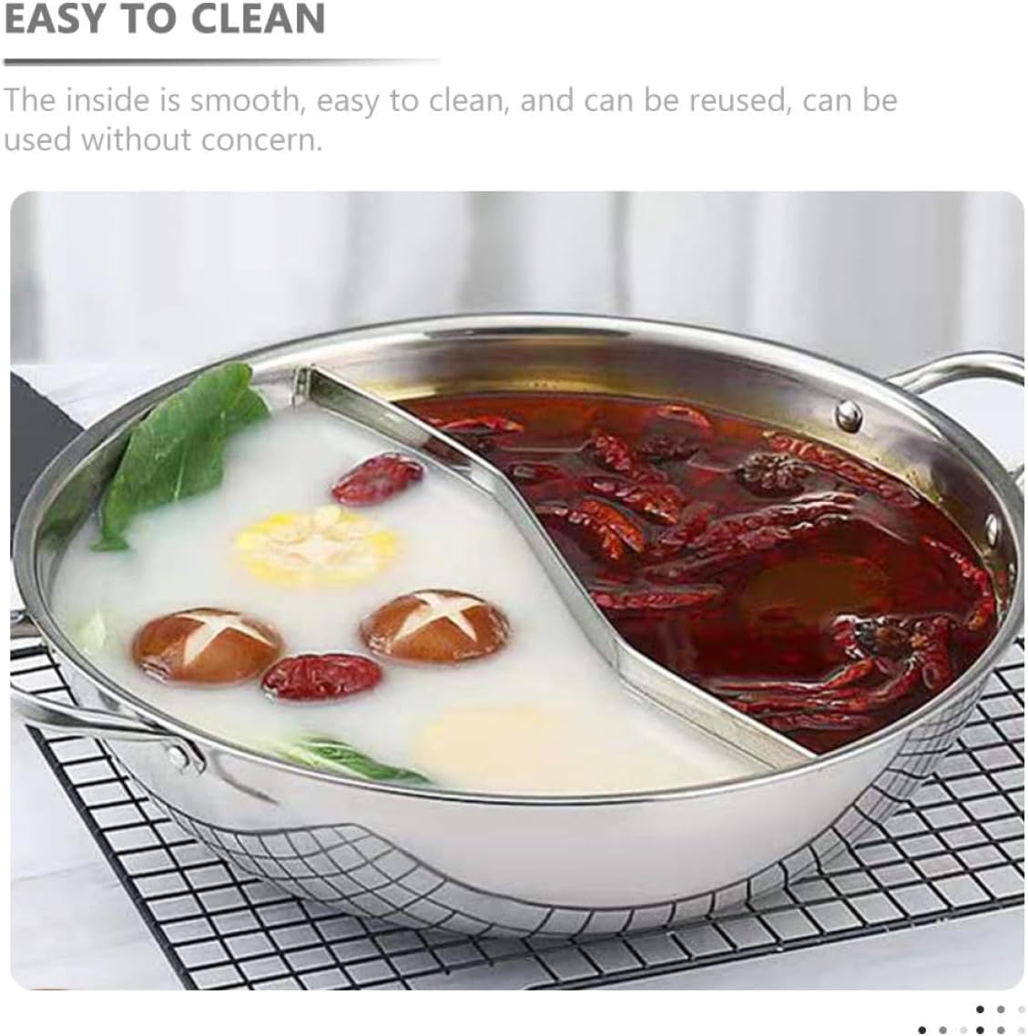 VOSAREA Stainless Steel Divided Hot Pot with Lid Two-Flavor Induction Cooking Pot for Seafood and Spicy Broth Commercial Use for Electric and Gas Stoves