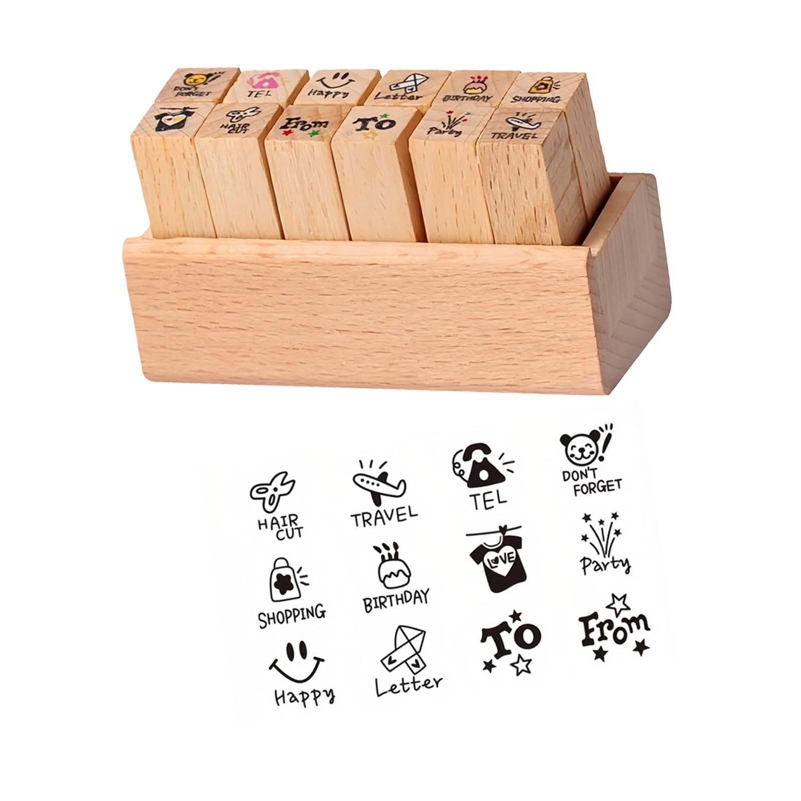 Scrapbook Page Marker Stamp Set, 8 Piece Beech Wood Journal and Planner Stamps with Wooden Holder for Memo Notes Journal Stamp Set Planner Stamps Scrapbook Wooden Page Diary Memo Label Paper
