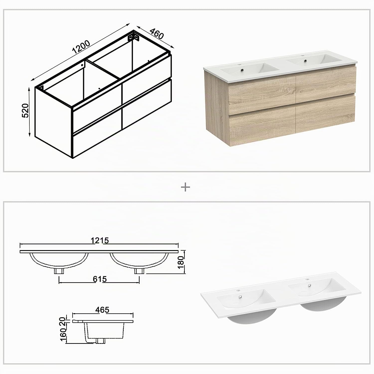 Meuble de Salle de Bain Double Vasque 120 cm + Casier Couleur chêne（Quatre tiroirs）