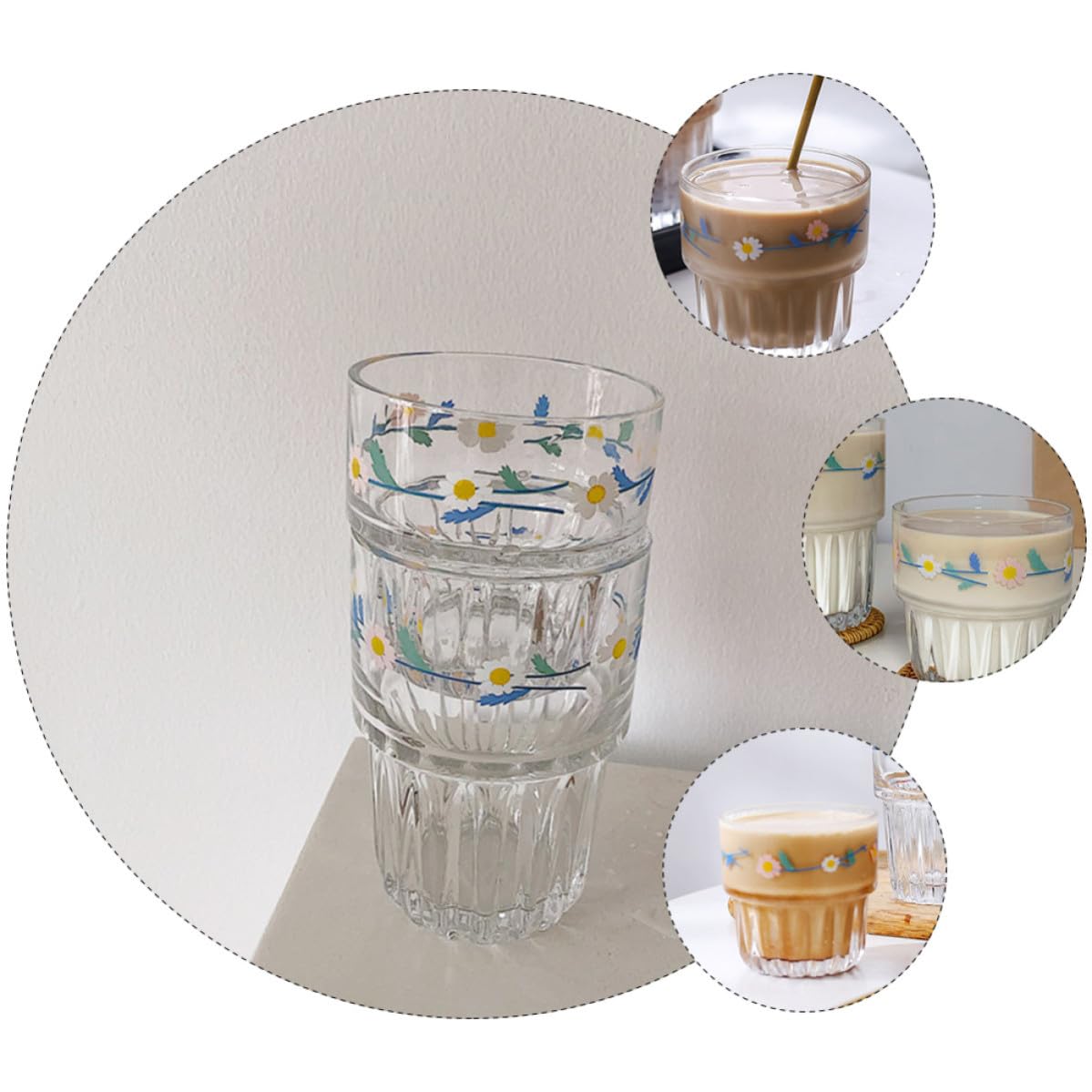 Vaso de Cristal Estilo Pastoral Margaritas, 4 Piezas Blanco | Borde Liso, Trabajo Meticuloso, Uso Múltiple, Escena para Cafetería y Restaurante, Forma Redonda