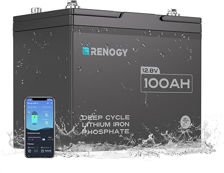 RENOGY REGO Lithium Battery 12V 100AH Trolling Motor Battery, IP67 Waterproof 100A BMS, Bluetooth 5.3, Lightweight, 10.24x6.61x8.23 Group 24, Deep Cycle Battery for Yacht, Marine, Boat, RV, Off Grid