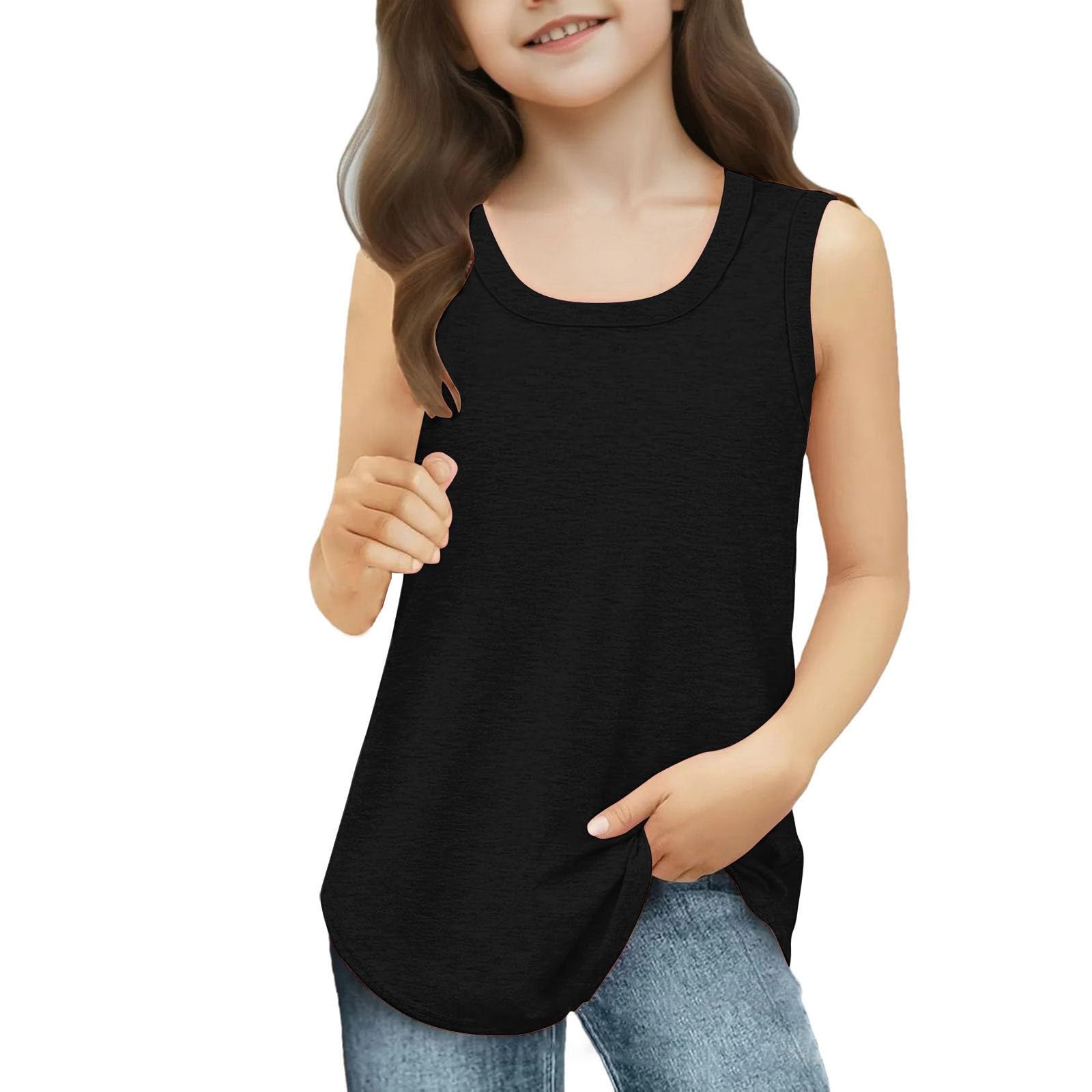 Girls Tank Tops Summer Sleeveless Loose Scoop Neck Casual Flowy Shirt Solid Curved Hem Undershirt (Black, 9-10 Years)