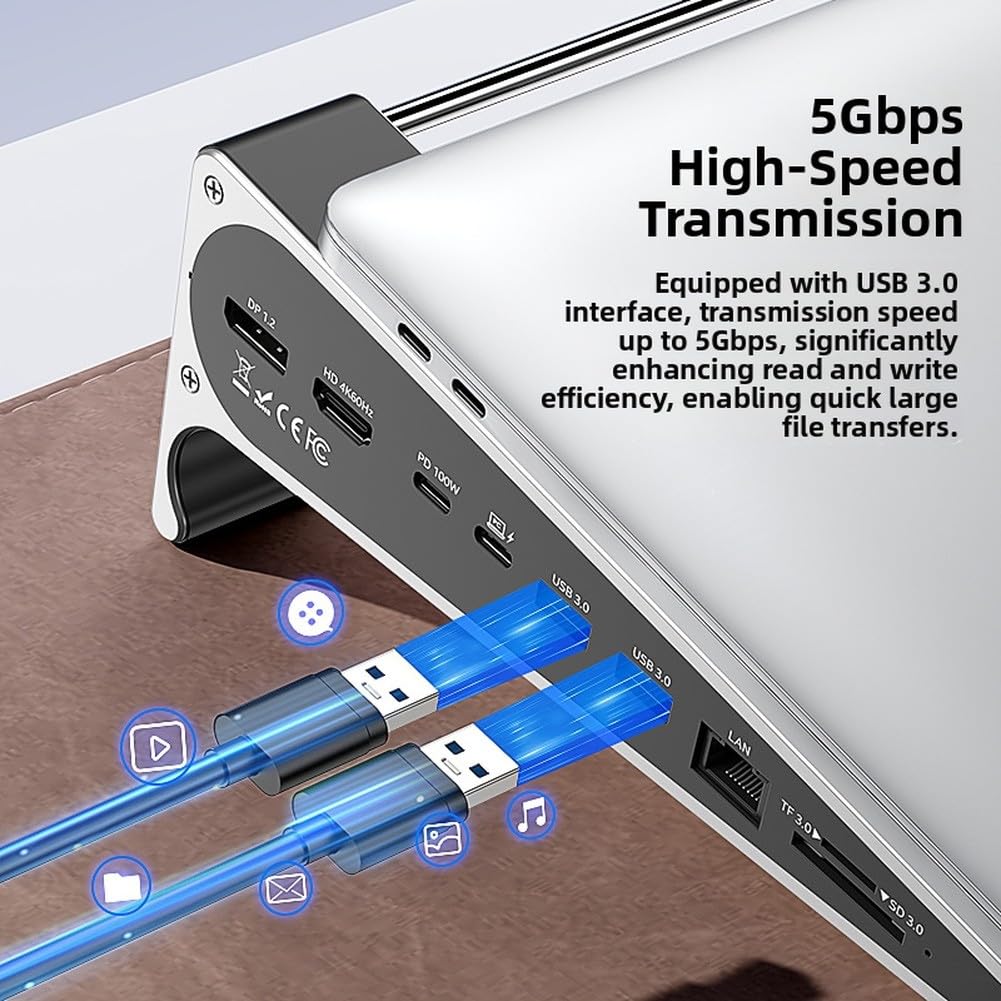 Zoegneer Supporto ergonomico in alluminio per computer portatile, con doppio display 4K, ricarica PD da 100 W, hub USB 3.0, lettore di schede Ethernet, pieghevole, verticale per notebook Windows Trav