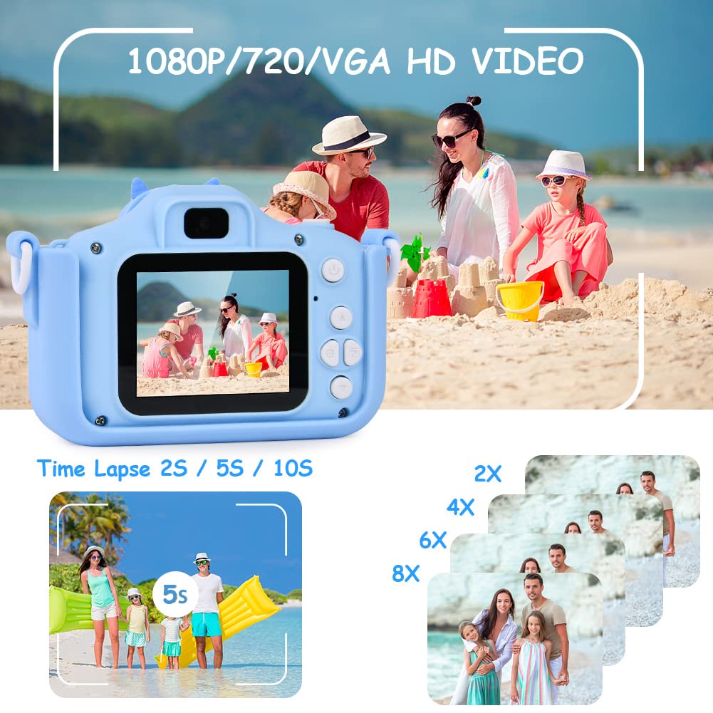 OSDUE Aparat dla dzieci,2.0-calowy wyświetlacz Aparat cyfrowy dla dzieci,1080P HD Wbudowana karta SD 32 GB Selfie Cyfrowy aparat fotograficzny,prezent urodzinowy na lata Zabawka dla dzieci (niebieska)