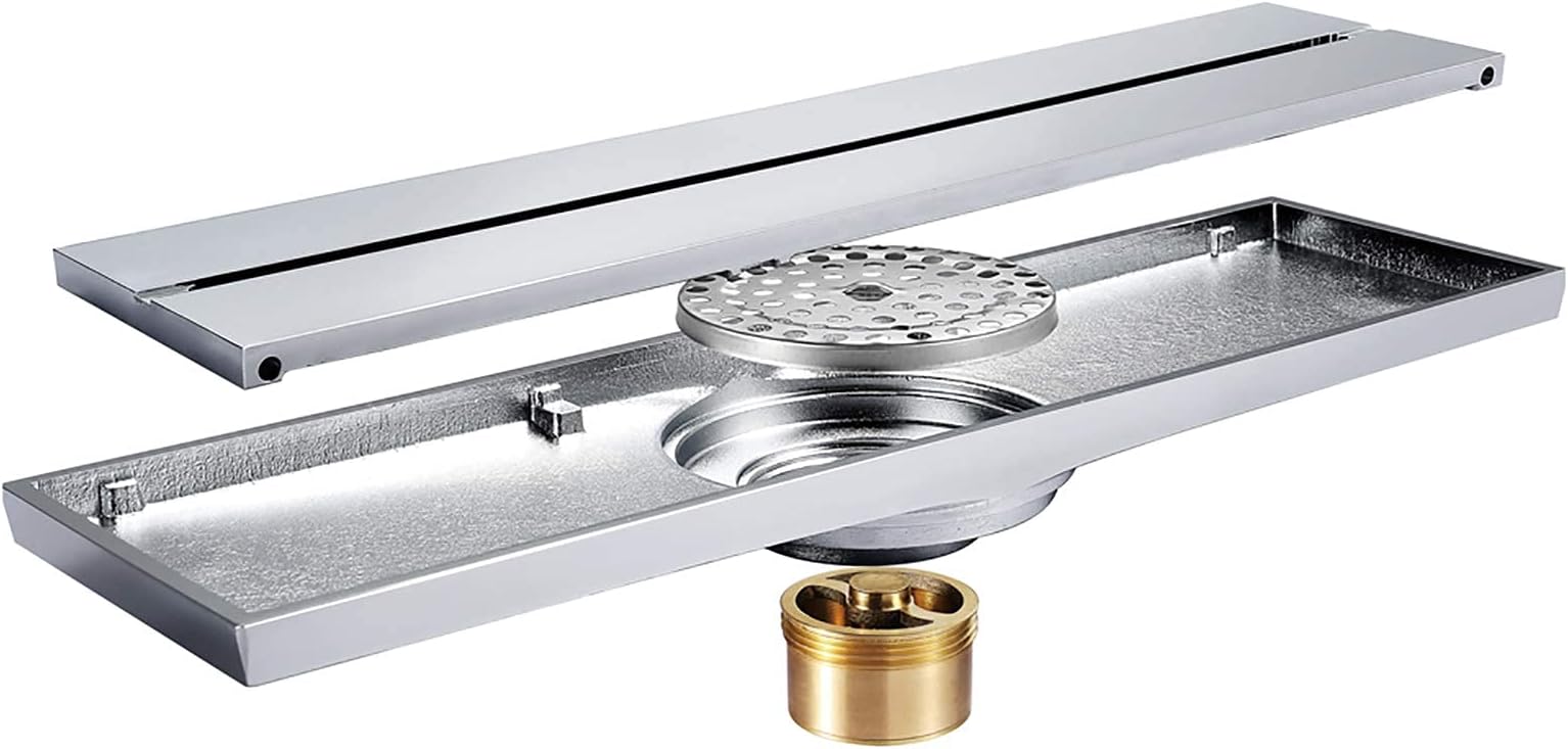 Chrome Linear Shower Drain Hidden Floor Drain Brass Rectangle Shower Floor Drain with Removable Cover Bathroom Shower Waste Drain,11.8'' x 3.2''