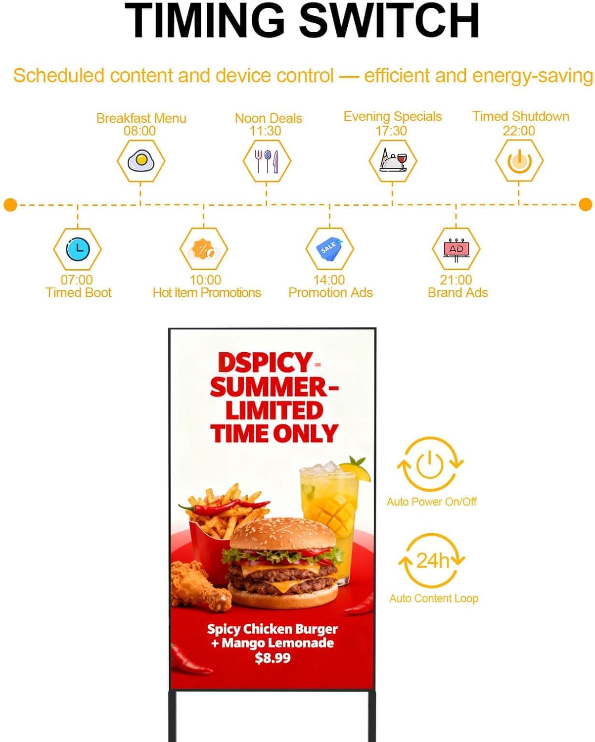 32 Inch Digital Signage Display, 700nits Menu Displays, Indoor Floor Standing Display, LCD Advertising Display, CMS Remote Publishing, U-Disk Plug & Play, APP, Android OS, HDMI in