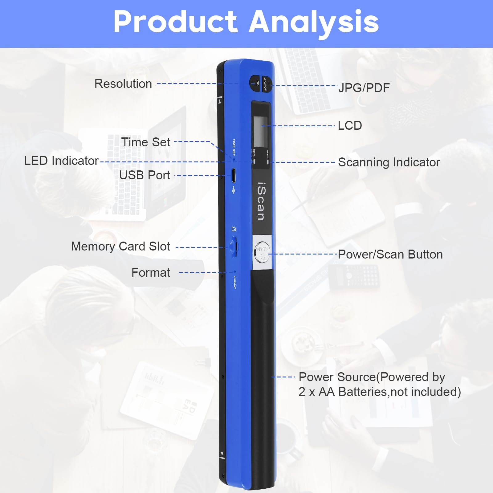 Tragbarer Dokumentenscanner Blau 900 DPI Handlicher USB-Bildscanner A4 Farbfoto Mobiler Scanner Praktischer Scanner (JPG/PDF-Format, Hochgeschwindigkeits-USB 2.0, Scanner + 16GTF-Karte)