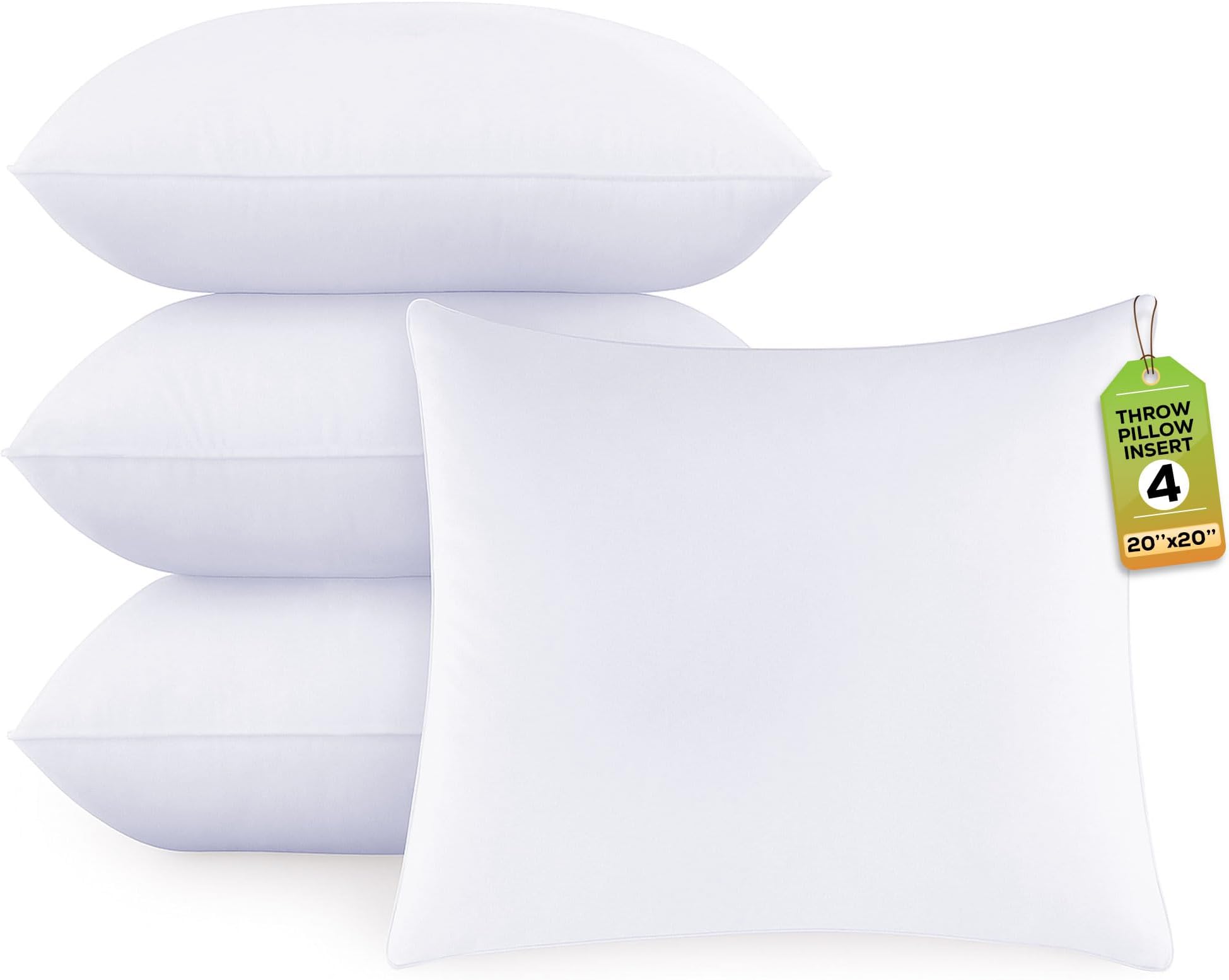 White Throw Pillows Insert (Pack of 4) Polyester Sham Stuffer Throw Pillow - Lightweight Square Indoor Decorative Pillows - Bed and Cushion Couch Pillows (4, 20 x 20)