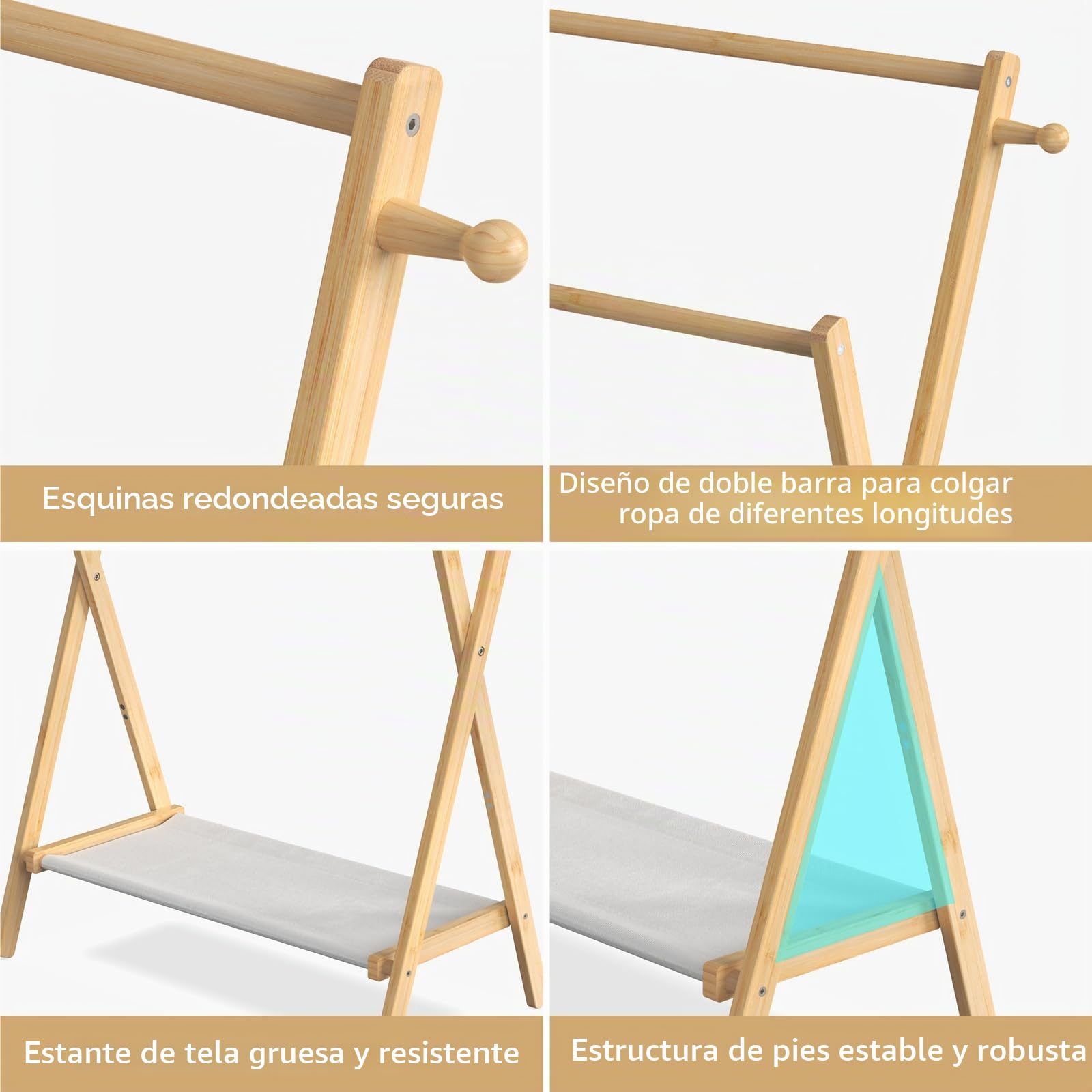 BAMBOOHOMIE - Perchero de ropa para niños, perchero pequeño para mascotas pequeñas, estante de vestir para niños con estante de almacenamiento y varillas dobles, estante plegable para ropa infantil