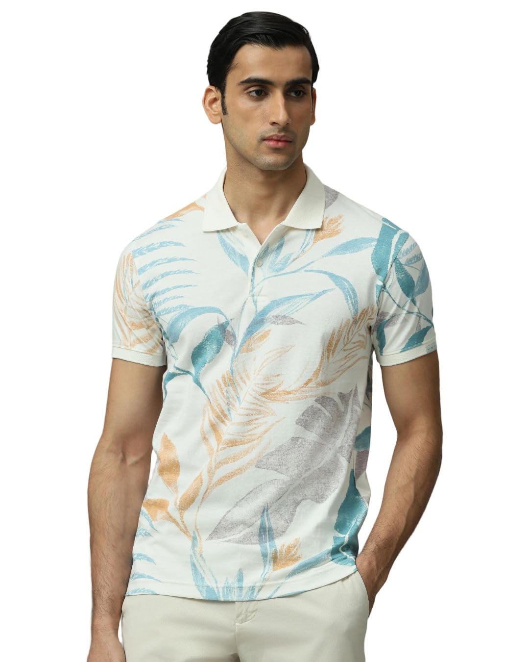 MUFTI Off-White Leaf-Print Polo T Shirt