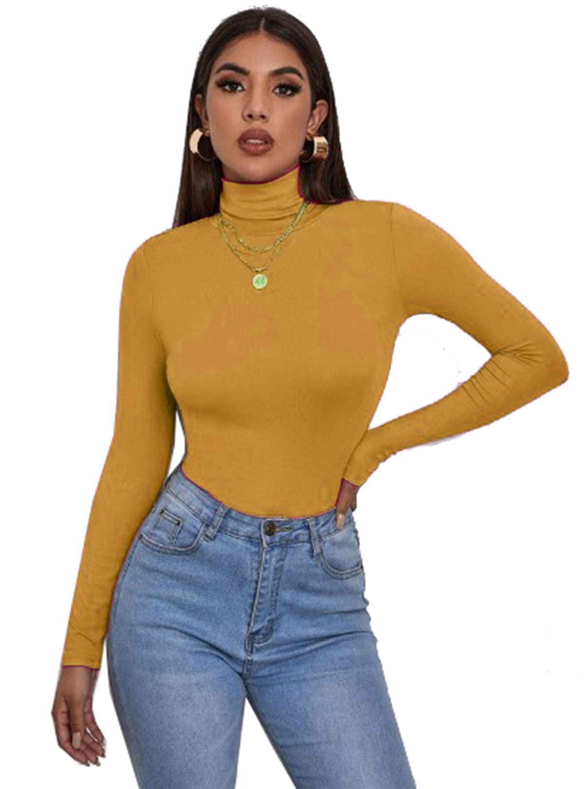 Zaif & Hari® Women's Polo Roll Neck Long Sleeve Turtle Neck Jumper - Ladies Plain Mockneck Casual Top (Mustard, 20-22)