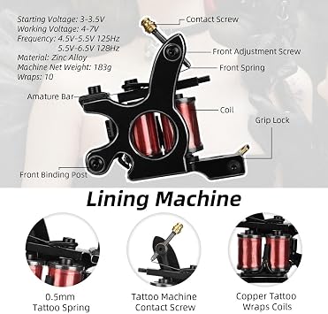 Coil Tattoo Machine Kit with Power Supply - Complete Tattoo Starter Kit, Liner and Shader Machines, Adjustable Power Unit and Accessories for Practice