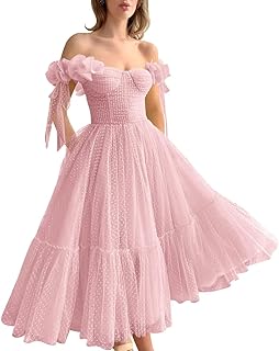 Dotted Tulle Off Shoulder Prom Dress for Women Sweetheart Midi Puffy Formal Party Gowns - Buy now