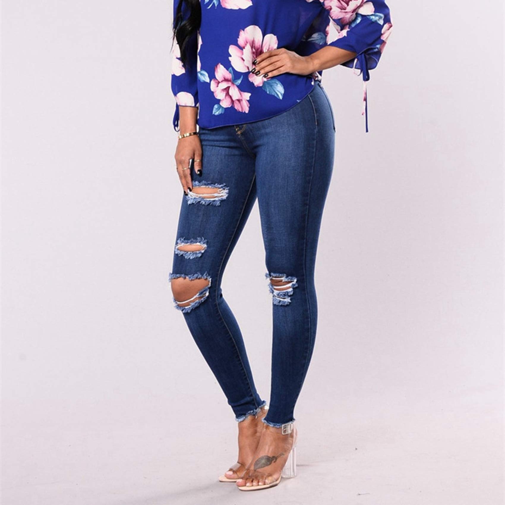 Jeans Push-Up De Cintura Alta Jeans Ajustados para Mujer Jeans Ajustados EláSticos Rasgados Sexy Retro