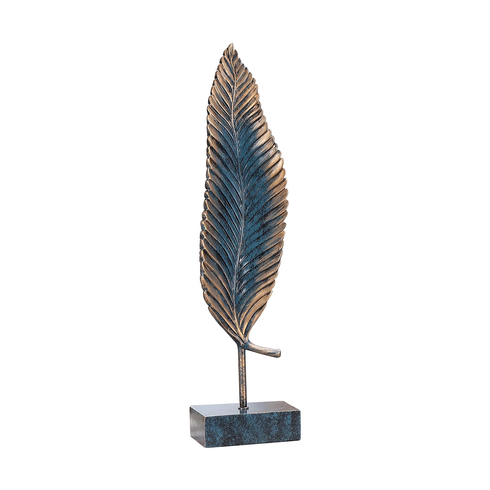 Naturecraf Leaf Resin Sculpture Statue with Base Creative Resin Desktop Handcrafted Golden Blue Palm Leaf Sculpture Art Table Shelf Bookshelf Living Room Crafts Decoration Large