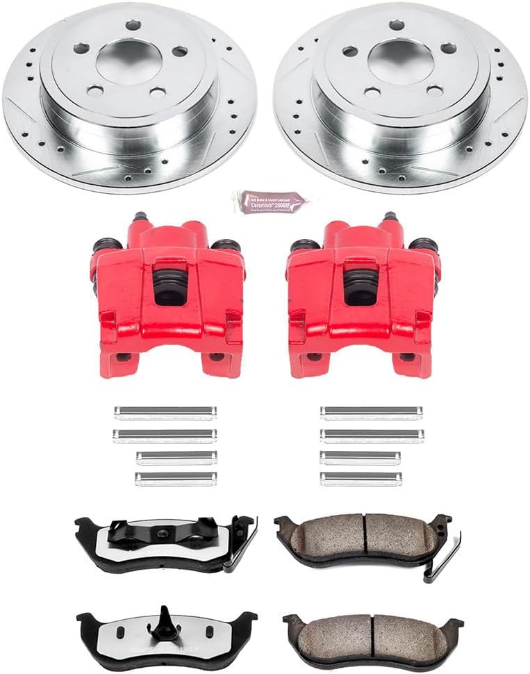 PowerStop Rear Brake & Caliper Kit For Jeep Liberty 2003-07 | Jeep Wrangler 2003-06 - Drilled and Slotted Truck & Tow Disc Rotors with Ceramic Brake Pads Upgrade, KC2197-36
