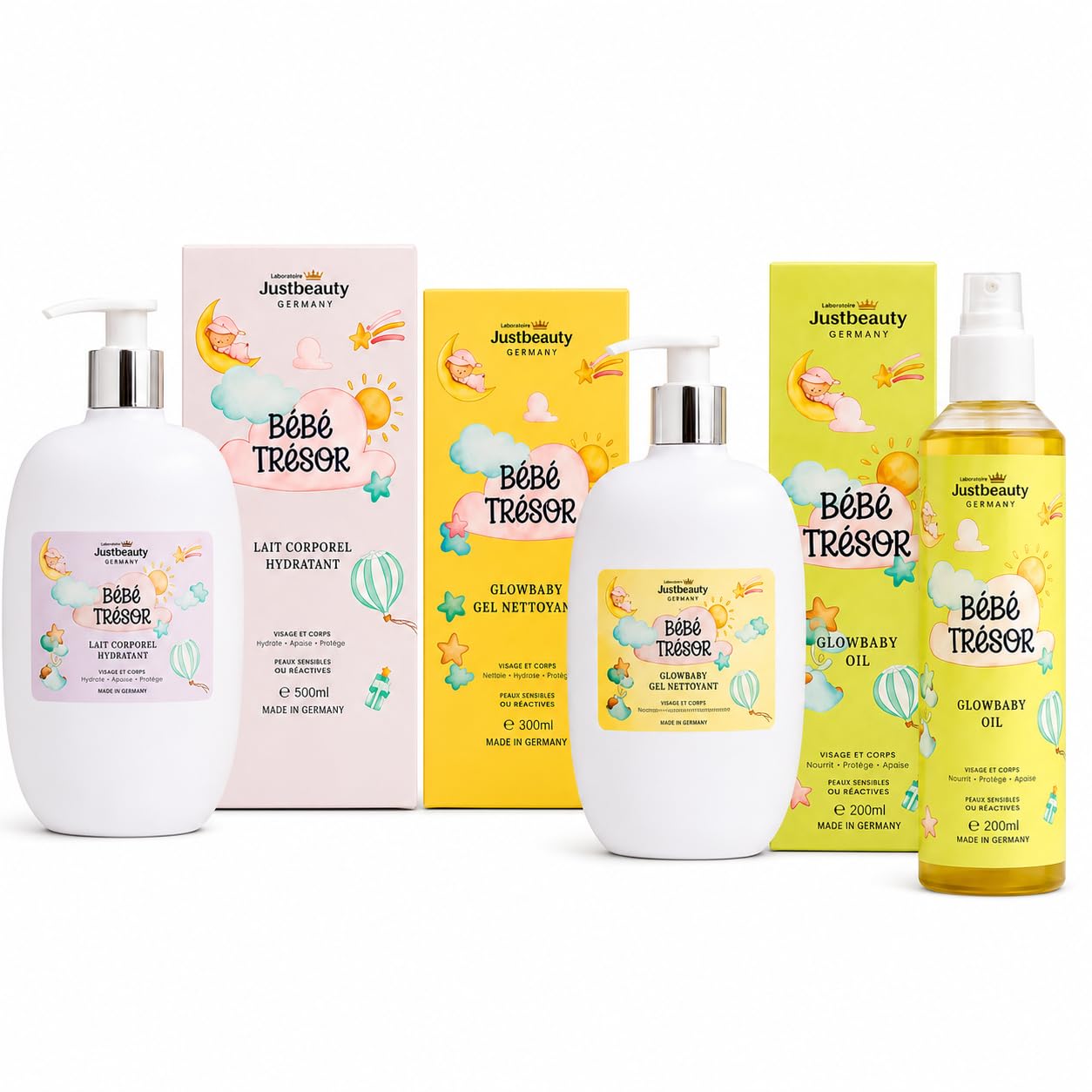 Bébé Trésor - Set per la cura della pelle sensibile del bambino, latte corpo 500 ml, gel doccia 300 ml, olio da massaggio naturale 200 ml