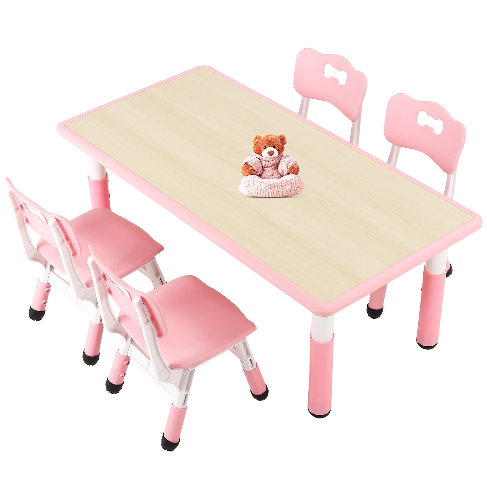 FUNLIO Kids Table and 4 Chairs Set for Ages 3-8, Height Adjustable Toddler Table and Chair Set, Easy to Wipe Arts &amp; Crafts Table, for Classrooms/Daycares/Homes, CPC &amp; CE Approved (5 pcs Set) - Pink
