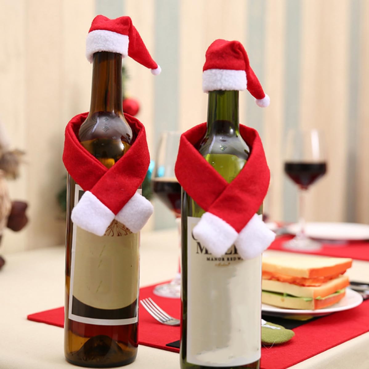 6 Sets Christmas Wine Bottle Cover Hat and Scarf Set Red Nonwoven | Decorative Holiday Accents, Easy to Store and Use, Lightweight Pieces for Dolls and Lollipop Covers