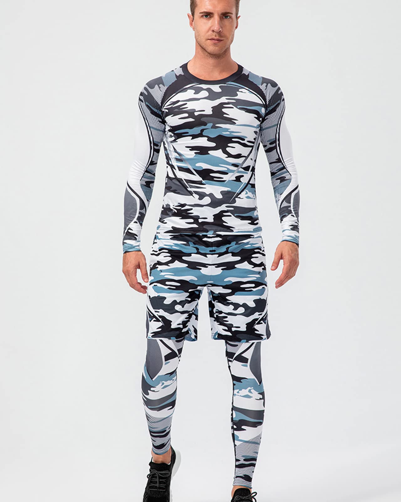 Uomo 3 Pezzi Completi Sportivi Abbigliamento Tuta da Fitness Manica Lunga Camicie a Compressione Pantaloni a Compressione Pantaloncini per Corsa Fitness Jogging Palestra Ciclismo
