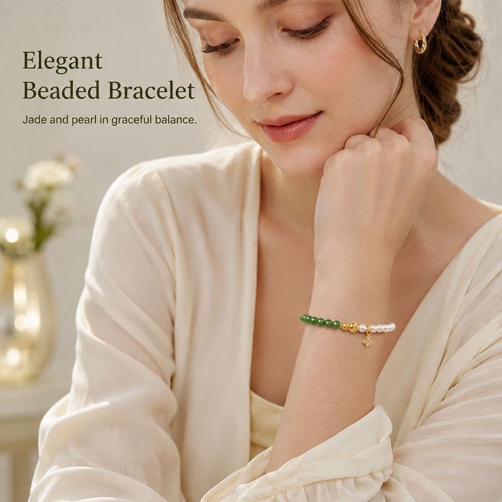 Bracciale Con Perline Di Giada E Perle, Design Bicolore Elegante