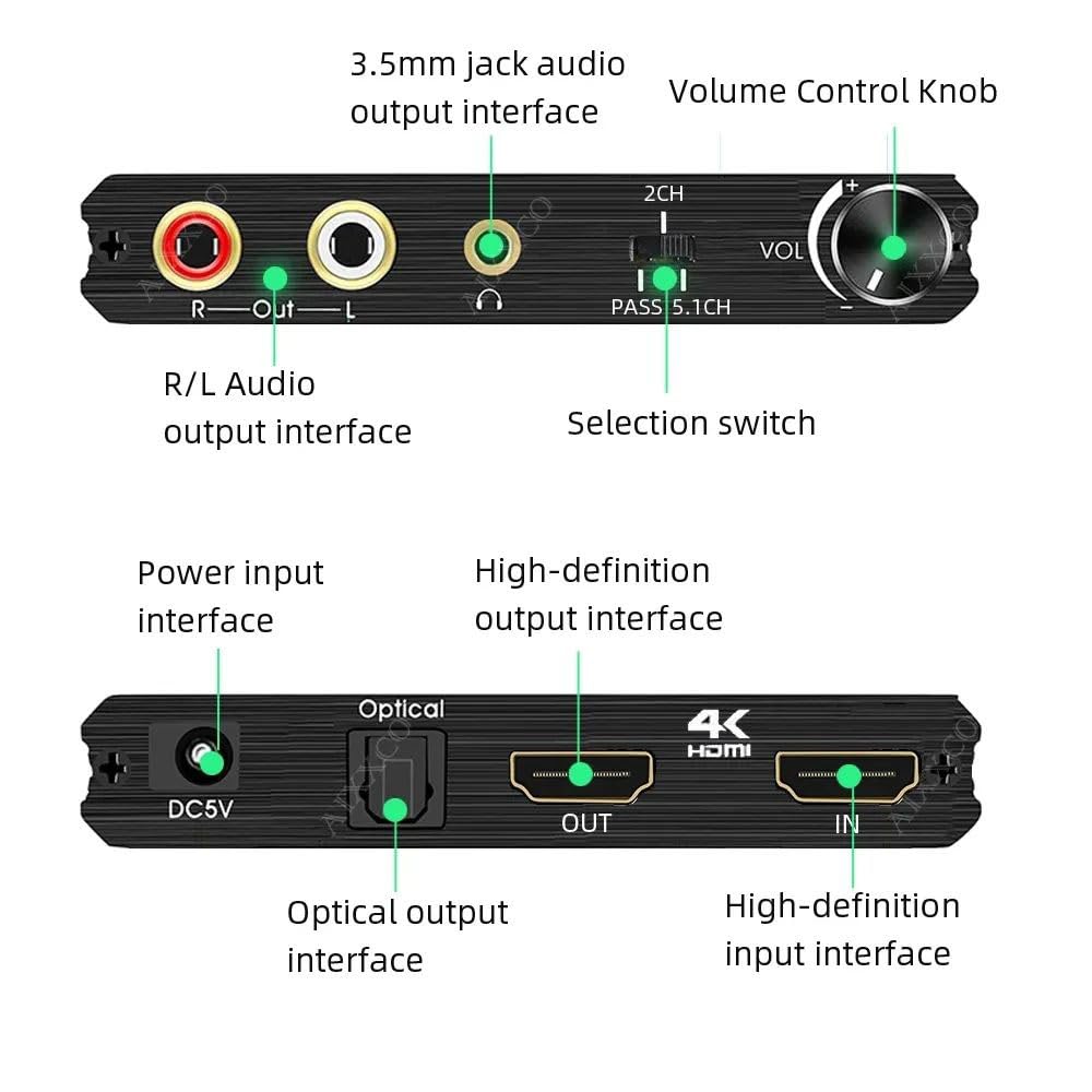 4K 60Hz HDMI 2.0 Audio Extractor óptico Toslink SPDIF 5.1CH R/L 4K HDMI A SPDIF R/L 3.5 mm 18GPBS HDCP 2.2 Con control de volumen