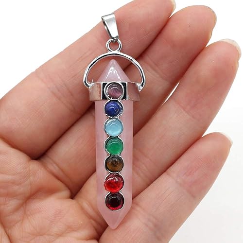 Miniatura 4 de 5 piezas de piedra natural colgante de aleación de metal forma de columna de cristal siete chakras curación aura para hacer collares accesorios