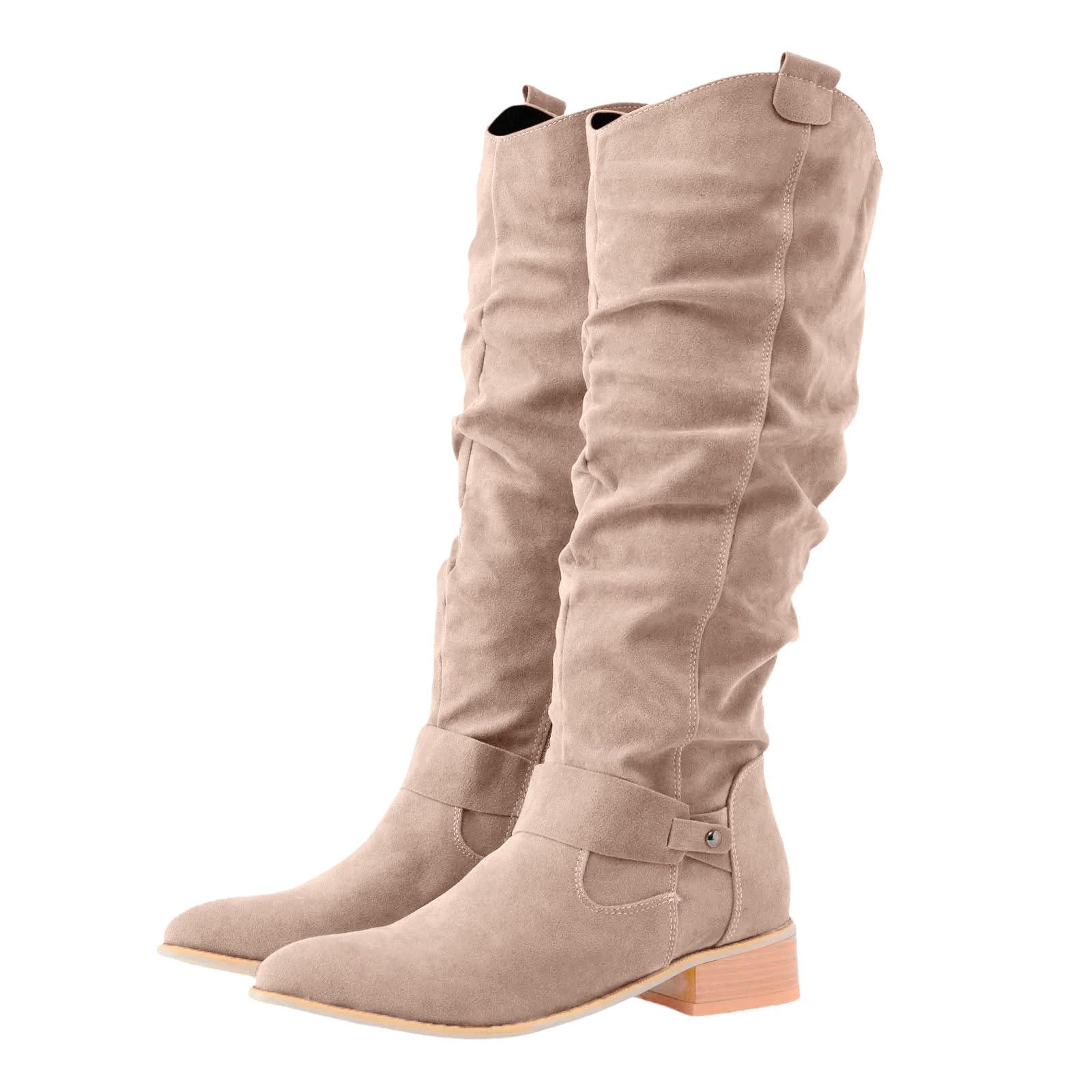 Knee High Boots Women Suede Wide Calf Western Cowgirl Boots Low Chunky Heel Side Zipper Booties Fashion Dress