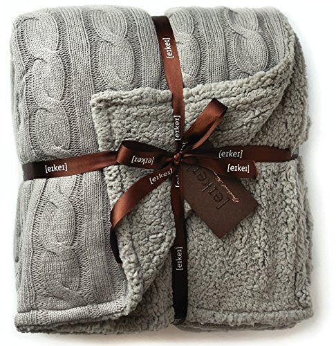 Cable Knit Sherpa Oversized Throw Reversible Blanket Faux Sheepskin Lined Cozy Cotton Blend Sweater Knitted Afghan In Grey White Or Turquoise Blue (Grey) #TOP1