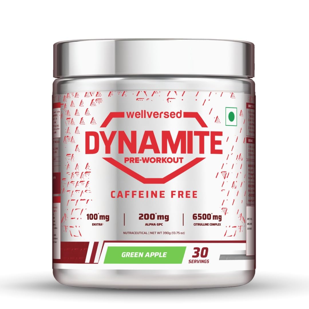 Dynamite Pre-Workout Caffeine Free (390g, 30 Servs) | Green Apple | 100mg EnXtra™ | 6500mg Citrulline Complex | 200mg Alpha GPC | For Late Evening & Night Workouts | Sustained Energy, Pump & Endurance