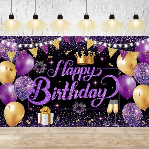 Purple Gold Birthday Banner Happy Birthay Party Decorations for W...