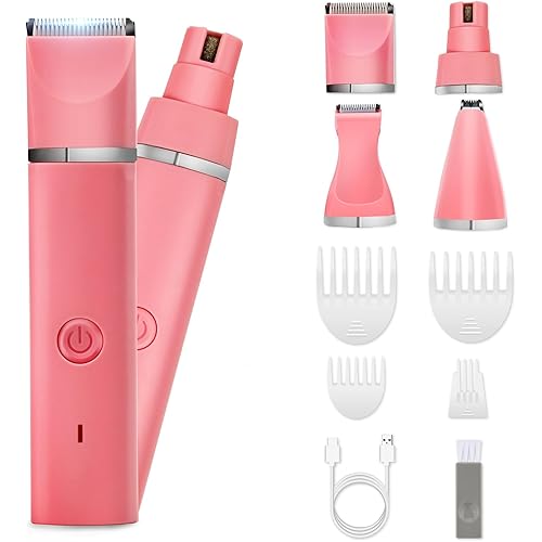Dog Grooming Clippers Kit-Electric Rechargeable Cat Trimmer Tools-Cordless Quiet Pet Nail Paw Grinder-4 in 1 Multifunctional Low Noise Shaver-Razor for feet Face Ears Toenail Eye（Pink）