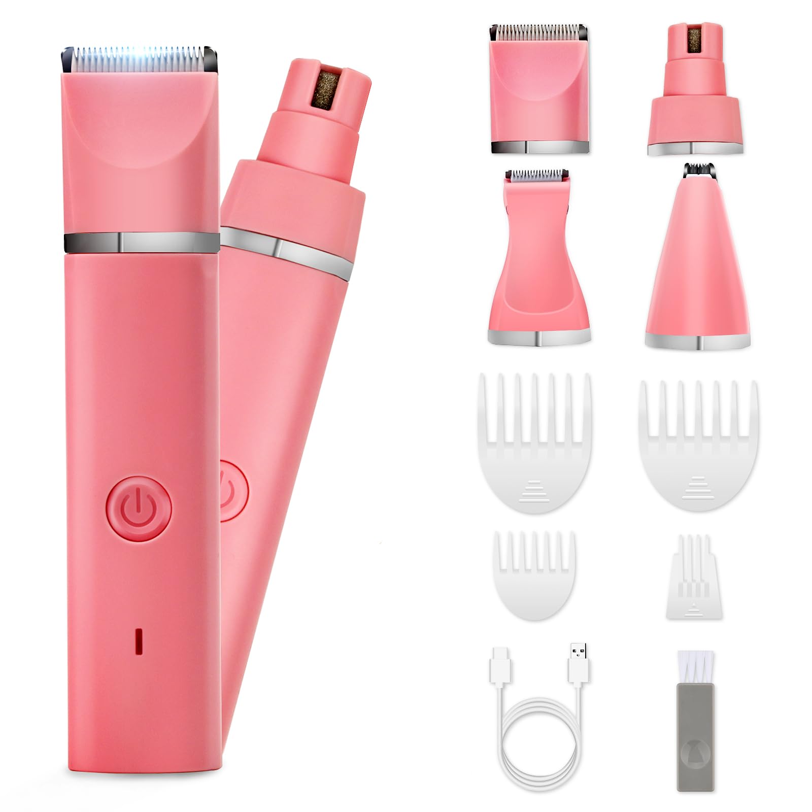 Dog Grooming Clippers Kit-Electric Rechargeable Cat Trimmer Tools-Cordless Quiet Pet Nail Paw Grinder-4 in 1 Multifunctional Low Noise Shaver-Razor for feet Face Ears Toenail Eye（Pink）