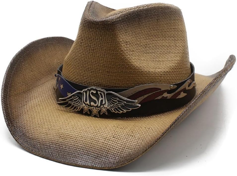 Western Cowboy Hat with USA Eagle Badge, Straw Woven, Brown Ombre Trim