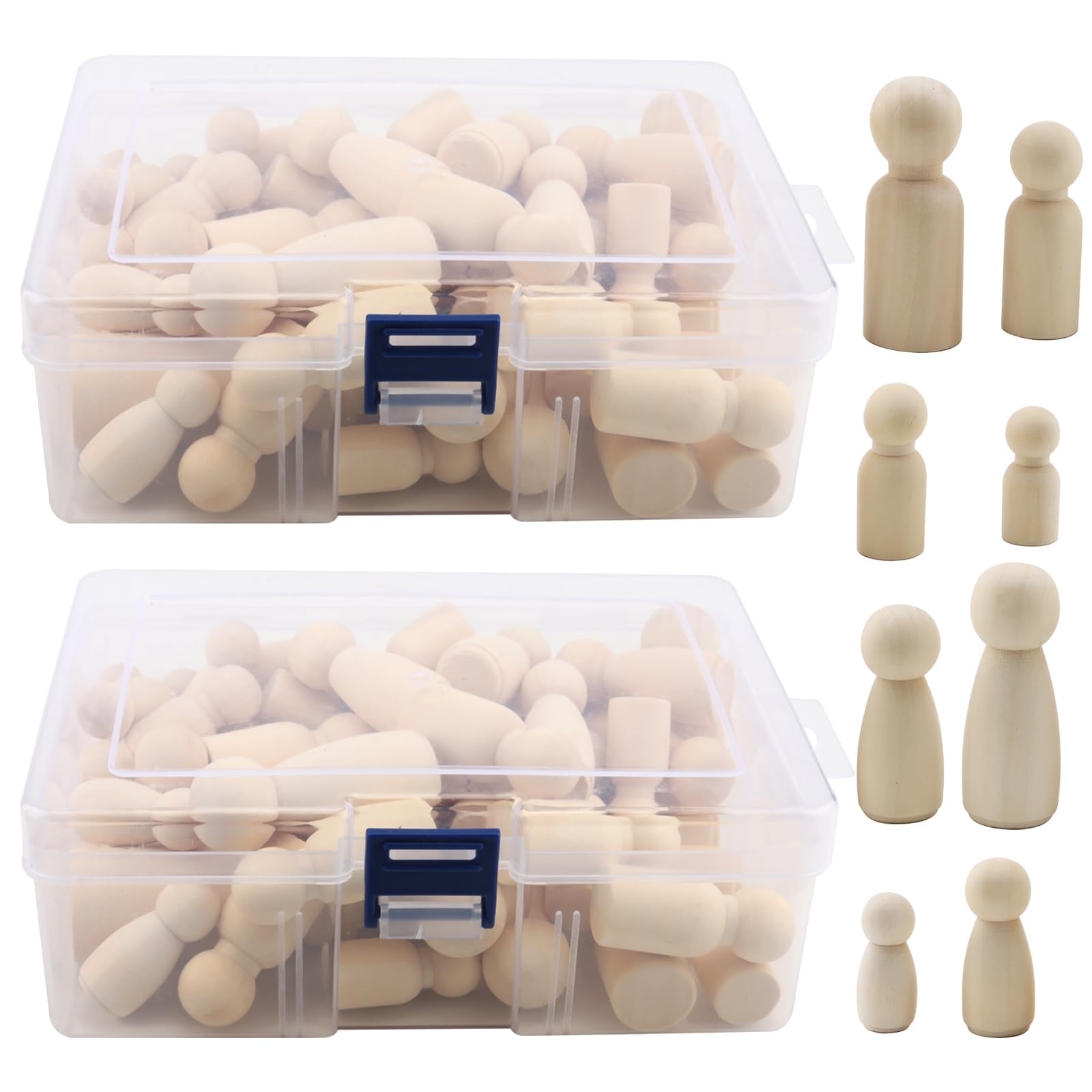 DAKFOOK 100 Pcs Wooden Peg Dolls, 4 Sizes Wooden People Shaped Dolls with Storage Box