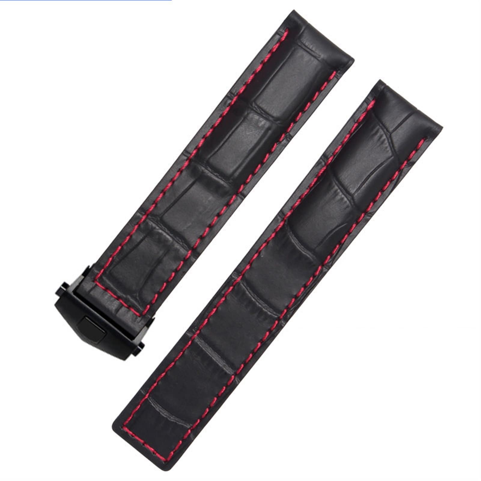 Bracelet de montre en cuir véritable noir rouge 20mm avec fermoir dépliable homme