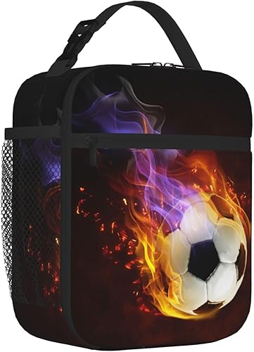 Miniatura 2 de Lonchera aislada para niños con estampado de fútbol de fuego, bolsas de almuerzo con temática deportiva con soporte para botella de agua para