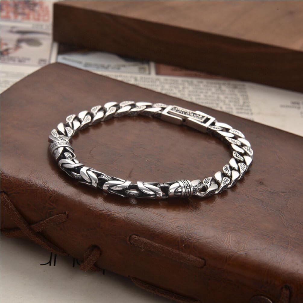 Masculine Stainless Steel Titanium Men’s Bracelet Chain with Tattoo Pattern, Retro Link Bangle Cuff for Males, 22cm (8.66 inch)