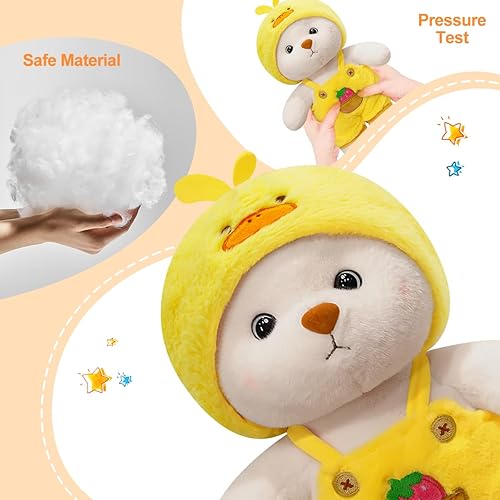 Miniatura 4 de Oso de peluche, pequeño y lindo oso de peluche, juguetes de peluche transformables con ropa y sombrero (pato amarillo, 10 pulgadas)