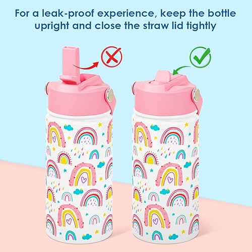 Miniatura 3 de SANDJEST Botella de agua para niños con tapa con pajilla, paquete de 2 botellas de agua aisladas de acero inoxidable de 12 onzas para niñas, taza de