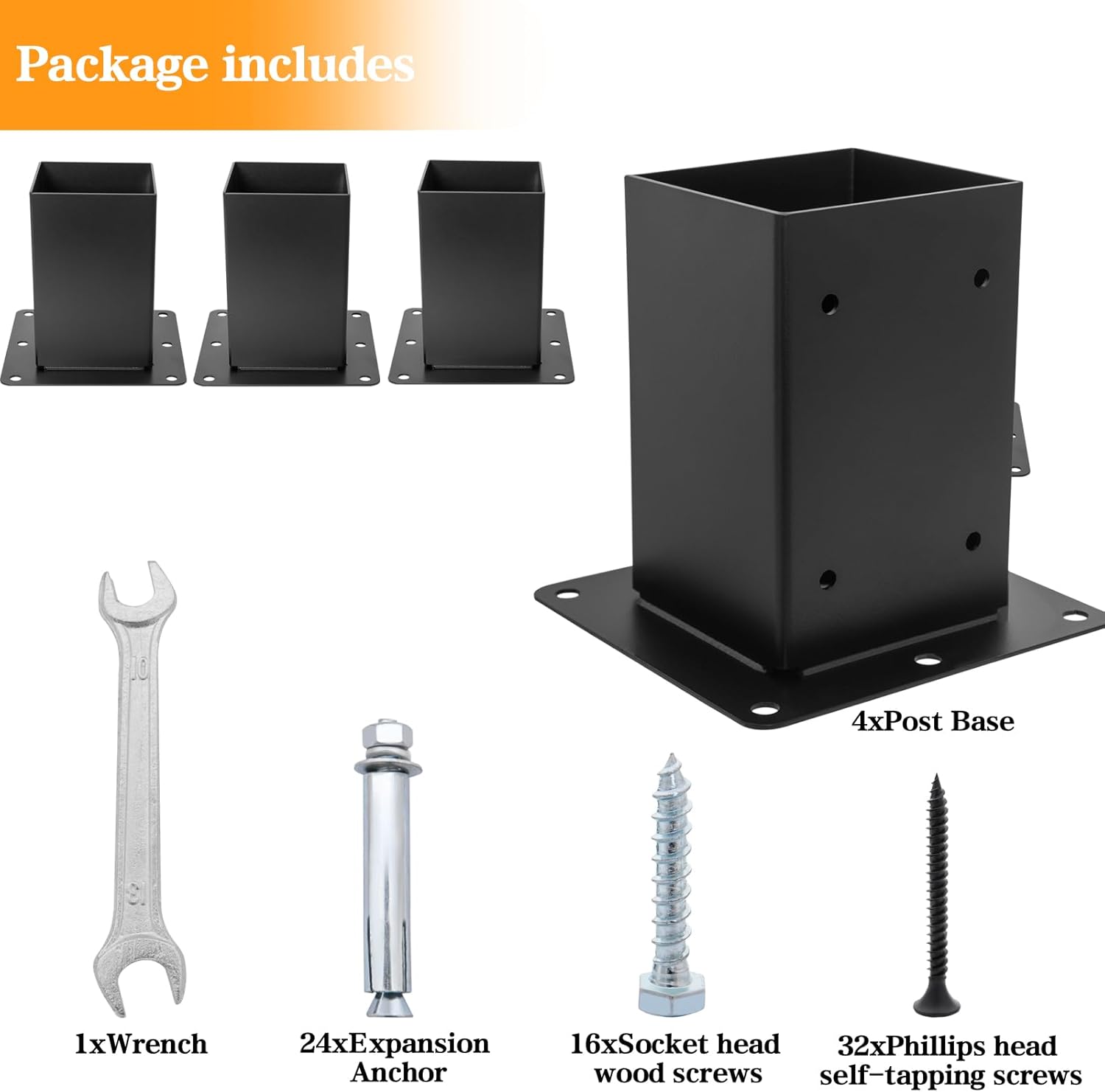 4x4 Post Base 4 Pcs, (Inner Size 3.6x3.6) Railing Post Brackets, Heavy Duty Black Powder-Coated Steel Post Bracket Fit, Wood Fence Post Anchor, Decking Post Base for Deck Porch Railing Support Trim