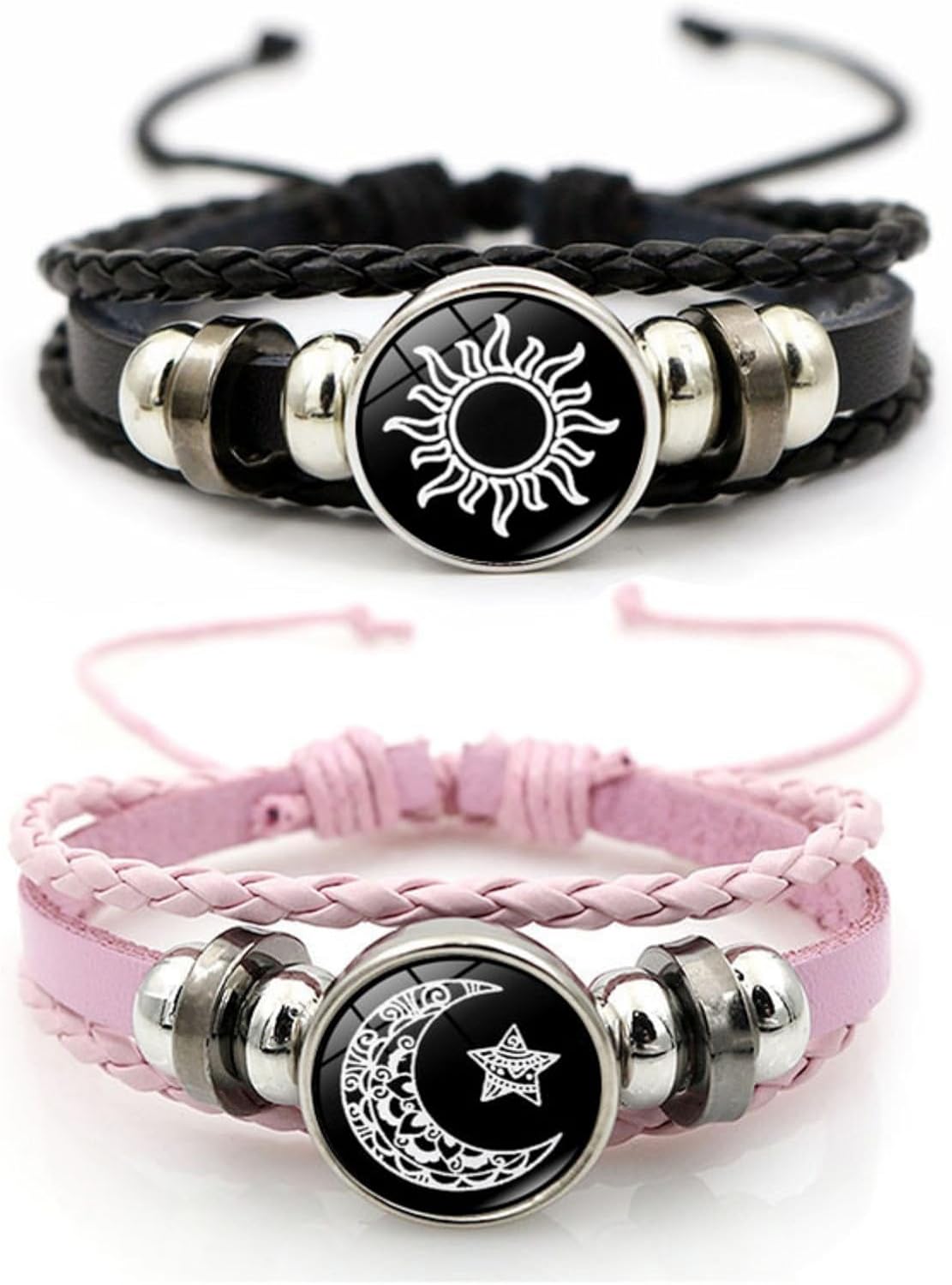 Luminous Sun and Moon Couple Bracelet - Glow in the Dark Matching Braided Leather Jewelry for Couples, Adjustable Long Distance Love Gift for Him & Her (black,pink)