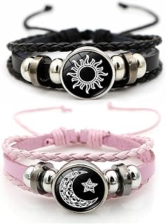 Luminous Sun and Moon Couple Bracelet - Glow in the Dark Matching Braided Leather Jewelry for Couples, Adjustable Long Distance Love Gift for Him & Her (black,pink)