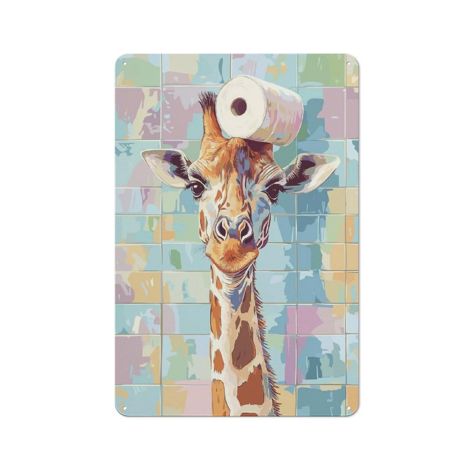 Junmoney Giraffe With Toilet Paper On Head Tin Wall Plaque With Design 30X20cm, Farmhouse Rustic Kitchen Decor For Dining Room, Cafe, Entryway Or Family Room