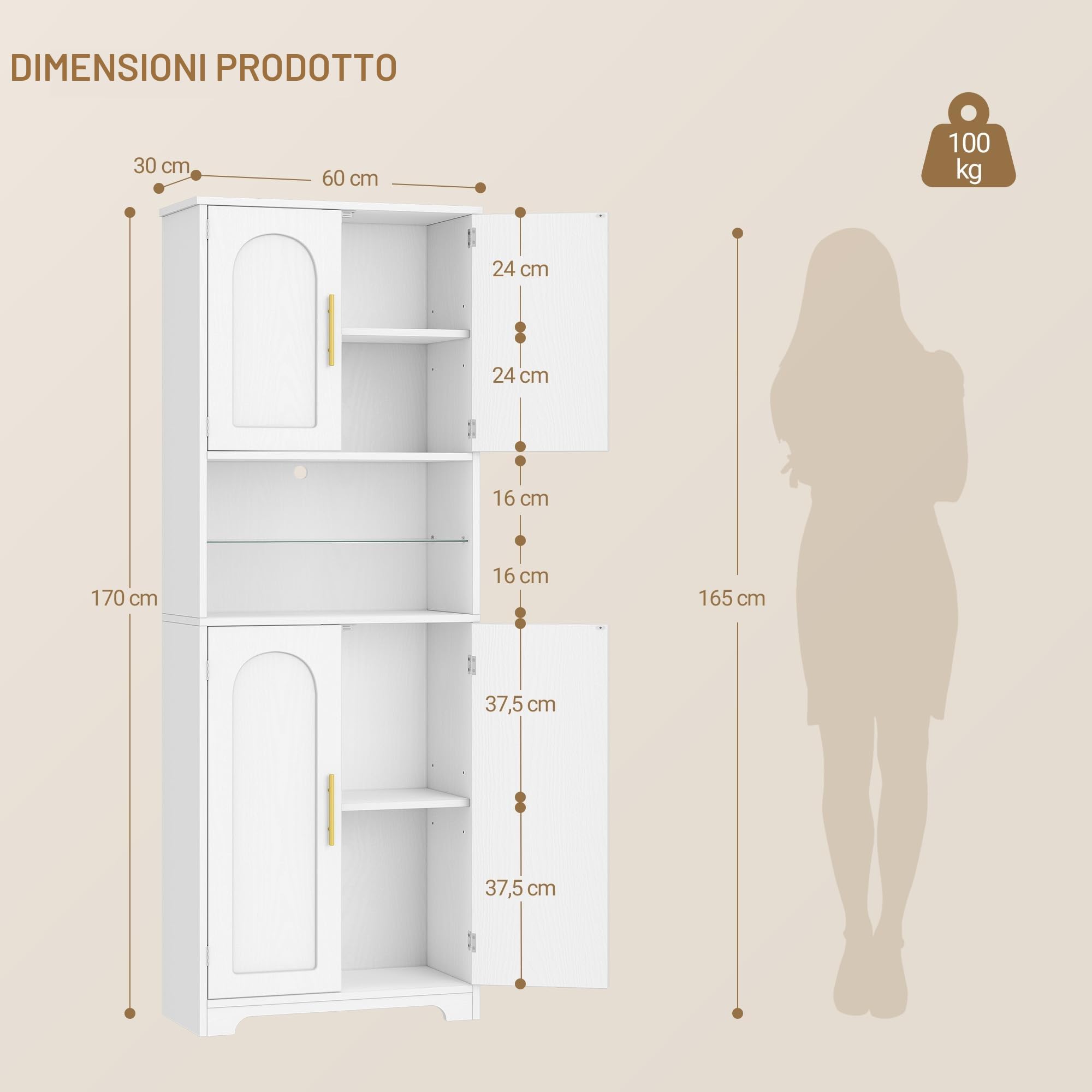 Hzuaneri Mobile Bagno con Luci LED, 4 Ante, mobiletto bagno salvaspazio, mobile alto con spazio aperto, ripiani regolabili, soggiorno, bagno, 30 x 60 x 170 cm, Bianco SC68213X