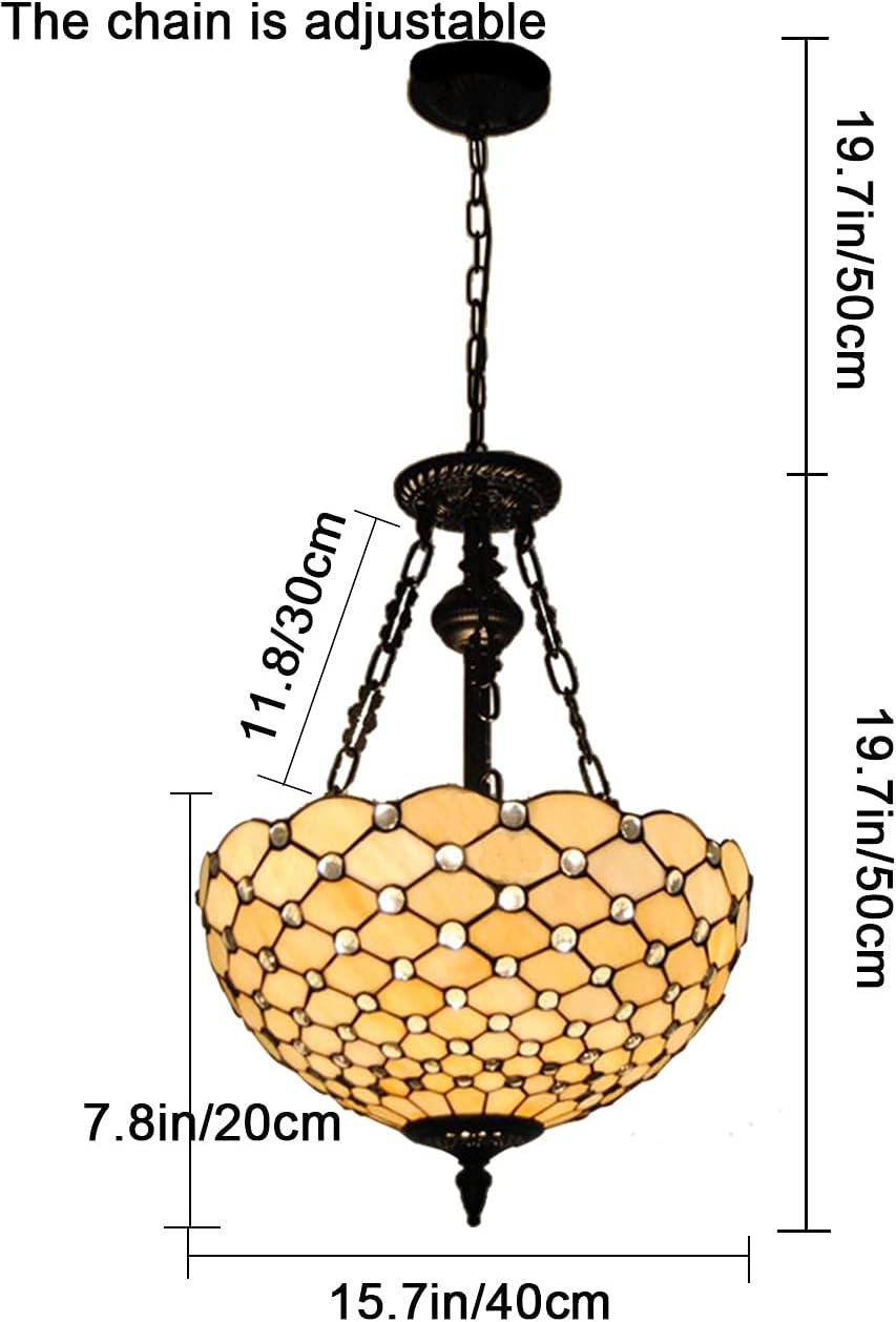 Tiffany Stained Glass Chandelier, 3 Lights Vintage Jeweled Ceiling Fixture Lamp Antique Cream White Hanging Lamp Lighting for Dining Room Living Room Hallway, Bulb NOT Included