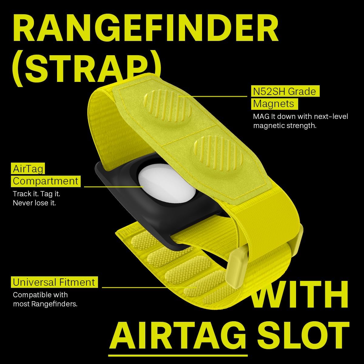MAG-iT Magnetic Golf Range Finder Strap Designed for AirTag (1st & 2nd Gen) – GPS Tracker Holder Compatible with Find My App – Magnetic Mount for Golf Cart – Neon Yellow