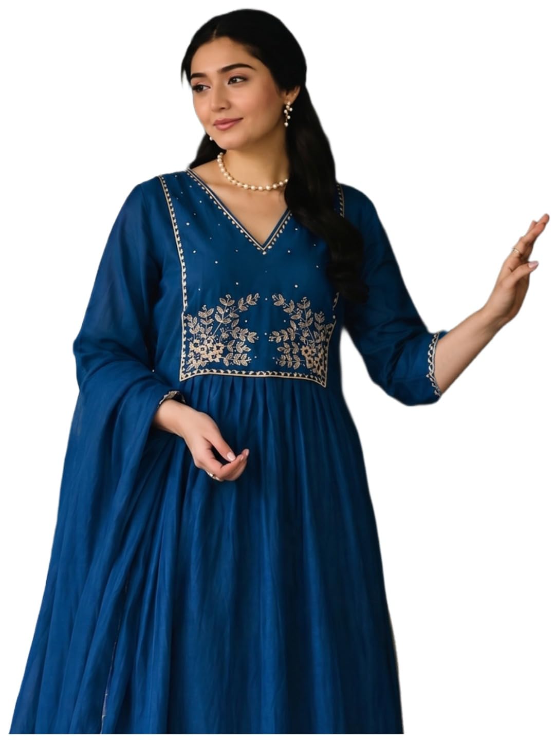 ANNI Designer Ensemble Kurta en viscose mélangée avec pantalon et dupatta pour femme | Tenue ethnique trois pièces pour femme | Col en V et manches 3/4 Long Kurta Pant Dupatta Ensemble