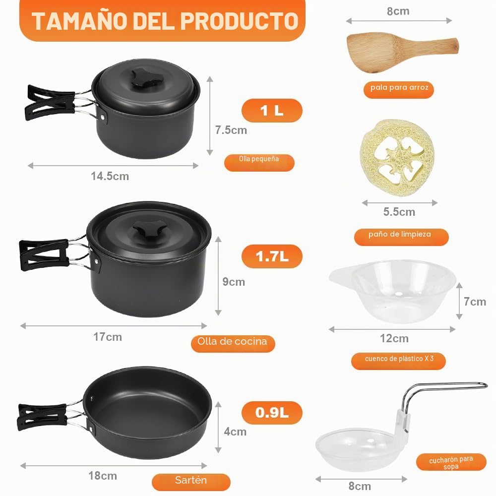 9 pcs Utensilios de Cocina para Camping, Juego de Ollas y Sartenes para Camping Vajilla para Acampada Portátil, Kit Utensilios de Cocina Camping para 2-3 Personas para Senderismo Picnic
